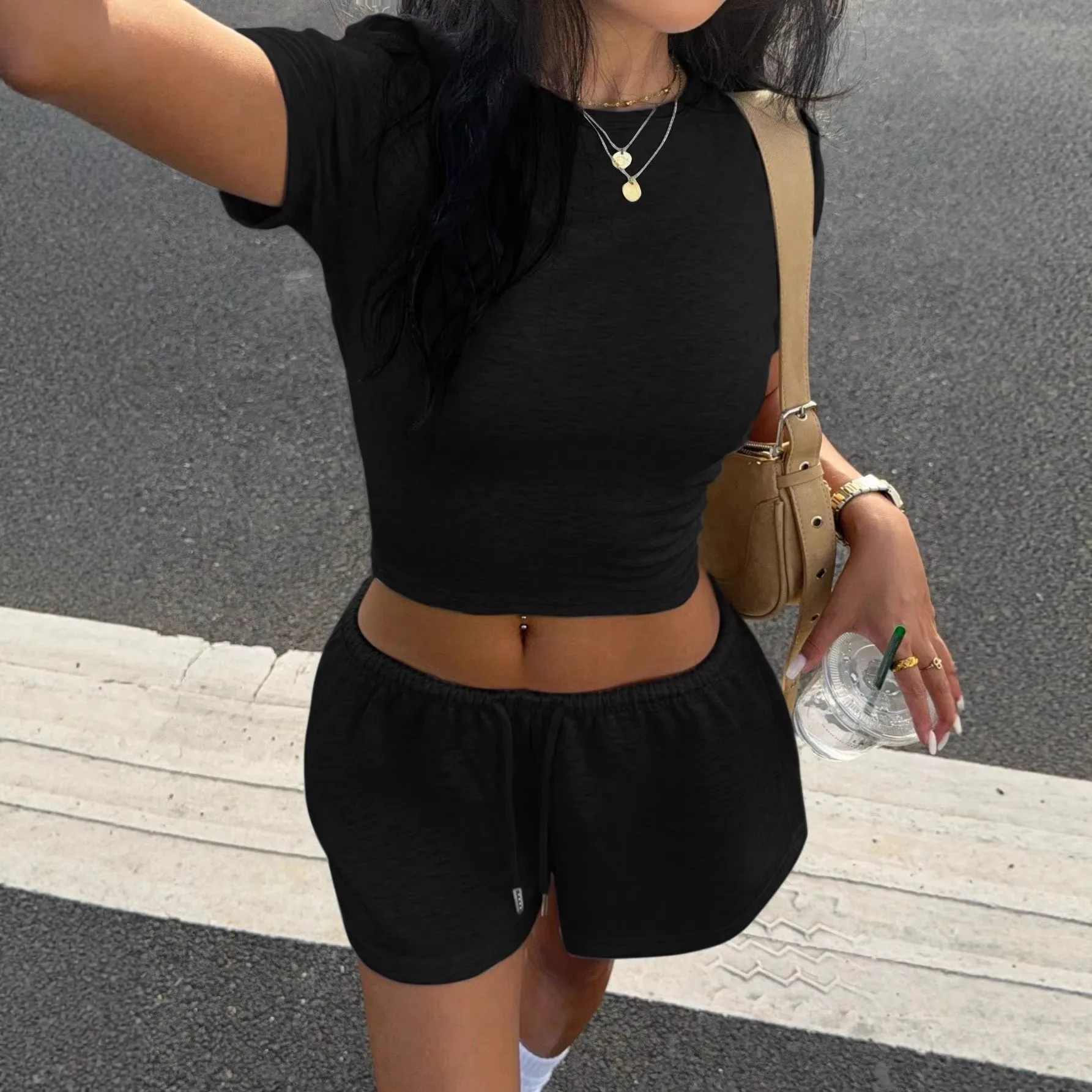 Casual Drawstring Set Women Shorts with Short Sleeve Cropped Summer Streetwear Wrinkle Detail European and American Style