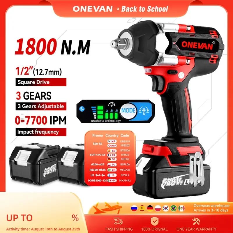 ONEVAN 1800N.M Torque Brushless Electric Impact Wrench 1/2 Inch Lithium-Ion Battery Cordless Power Tool For Makita 18V Battery