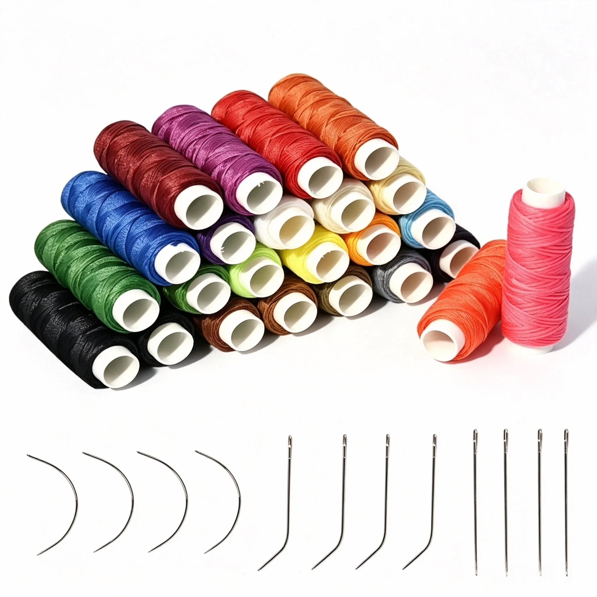24 Colors 210D Waxed Flat Sewing Thread with Curved Straight Needles Hand Stitching Wax Cord for Leather Craft Bookbinding Shoes
