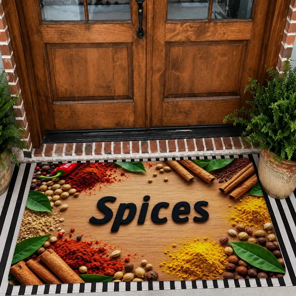 Mixed Spices On Wood Board Floor Mat Flannel Rug Non Slip Absorbent Soft Washable For Entryway Hallway Bathroom Kitchen Decor