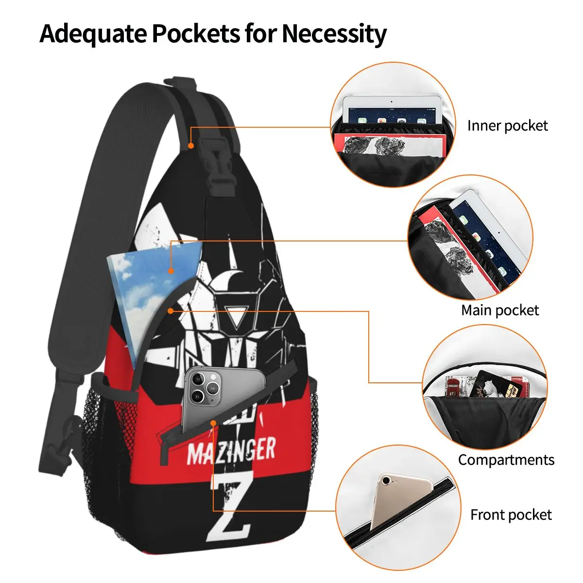 Mazinger Z Head Robot Crossbody Sling Bags Printed Chest Bag UFO Robot Grendizer Shoulder Backpack Daypack Hiking Travel Camping