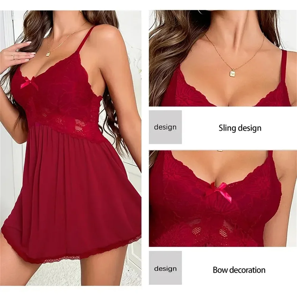Hot Selling Women\'s Summer V-Neck Contrasting Strap Dress With Lace Patchwork Pajama Dress Set High End Quality Pajamas 