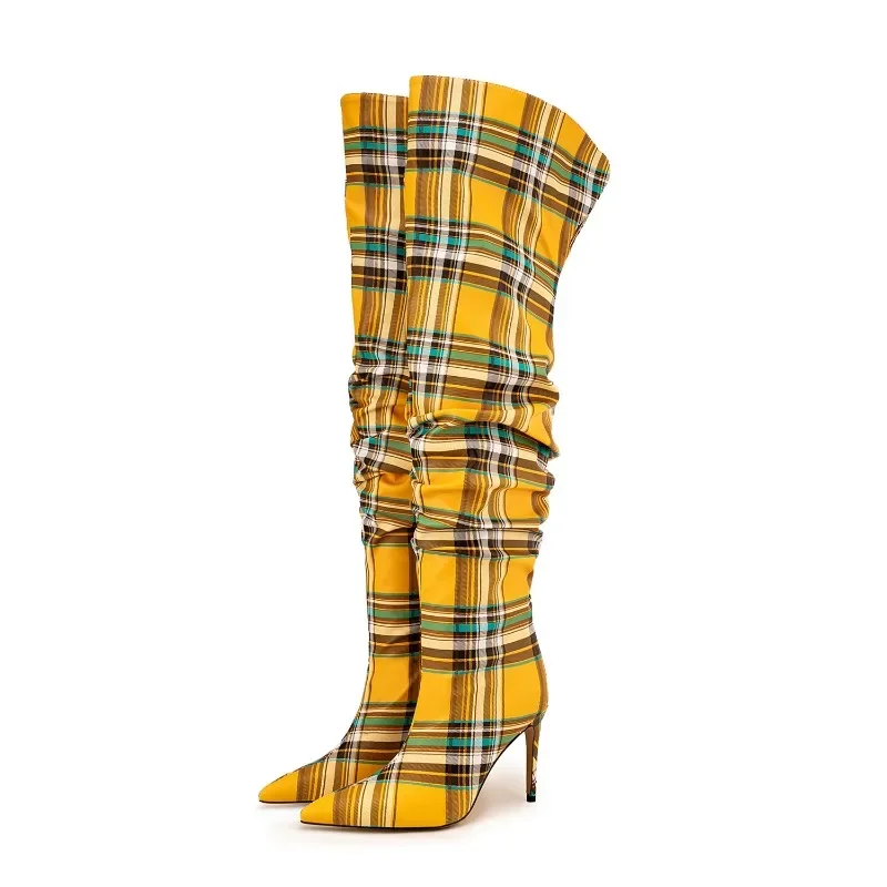 2024 Autumn and Winter New Fashionable High-heeled Plaid Fabric Knee High Boots for European and American Women\'s Fashion Shows