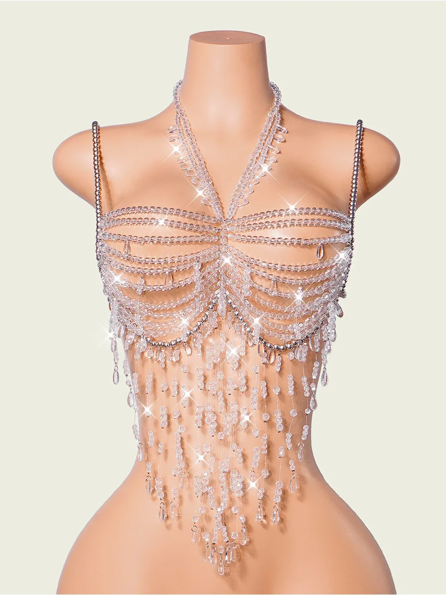 

Sexy White Crystal Hanging Neck Chest Chain Women'S Transparent Body Chain Top Vest Tassel Vest Short Bikini Chest Decoration