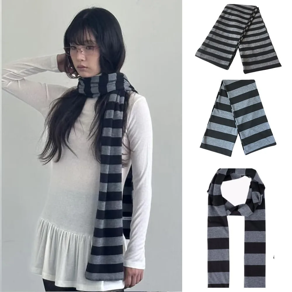 

Шарф-чокер Y2K в черно-серую полоску, тонкий длинный хлопковый шарф, женский полосатый шарф, повседневный аксессуар для шеи, согревающий шейный платок