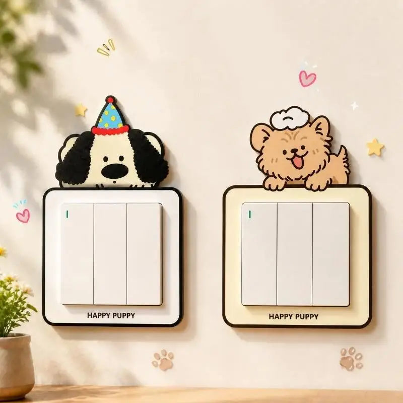 Self-Adhesive Cartoon Puppy Light Switch Cover Fun Home Accent Non-Toxic Wall Decal for Kids Bedroom Living Room