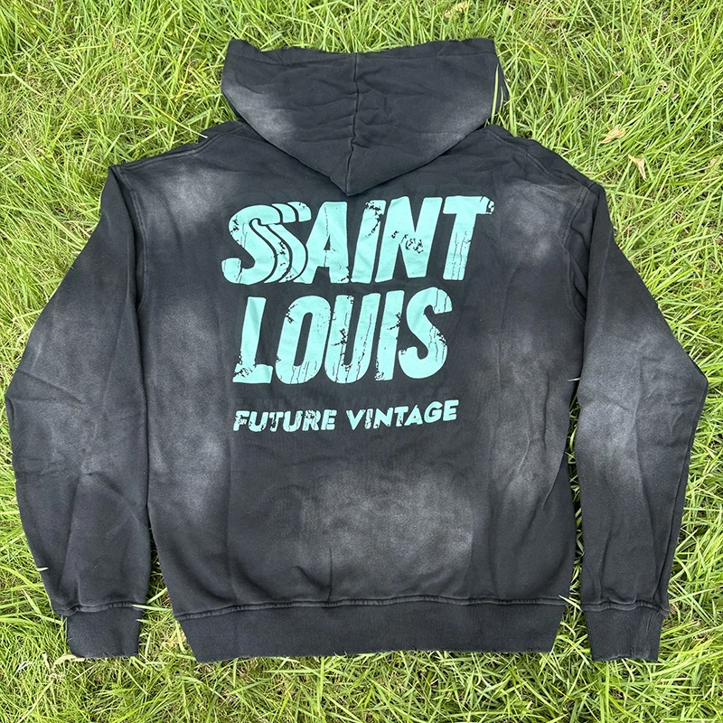 Saint Louis Distressed Splash-ink American Style Vintage Hooded Zipper Sweatshirts Long Sleeve Hoodie Men Streetwear