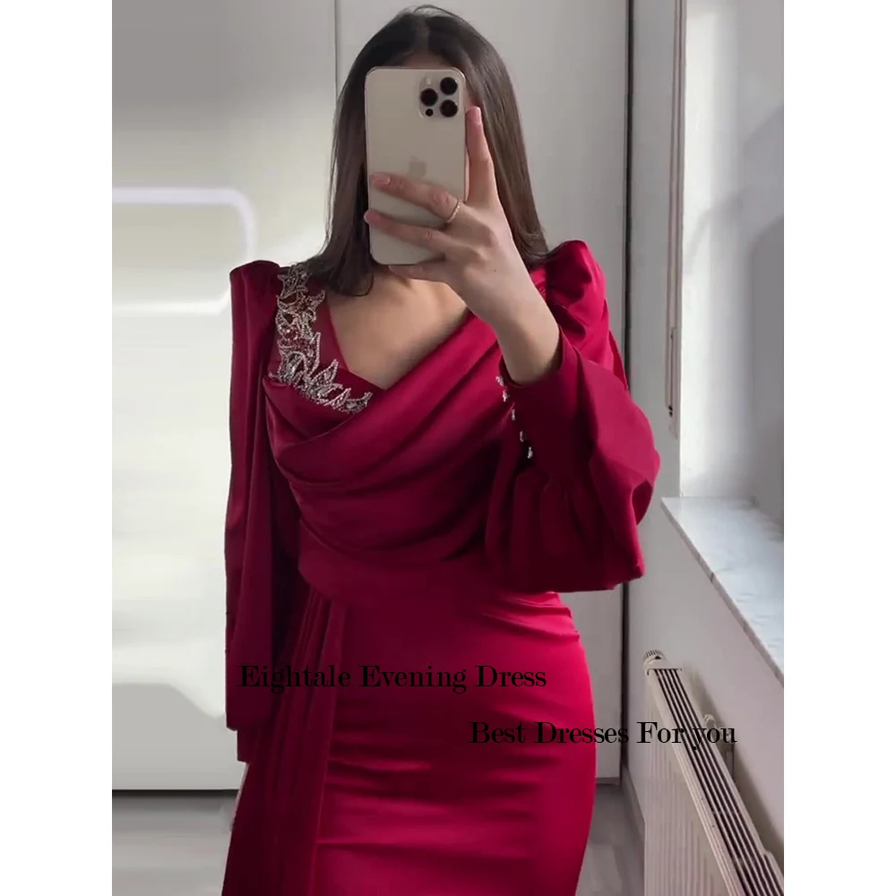 Red Long Puff Sleeve Evening Dress Women Elegant Luxury Appliques Beads Arabic Floor Length Prom Party Gown vestidos de noche