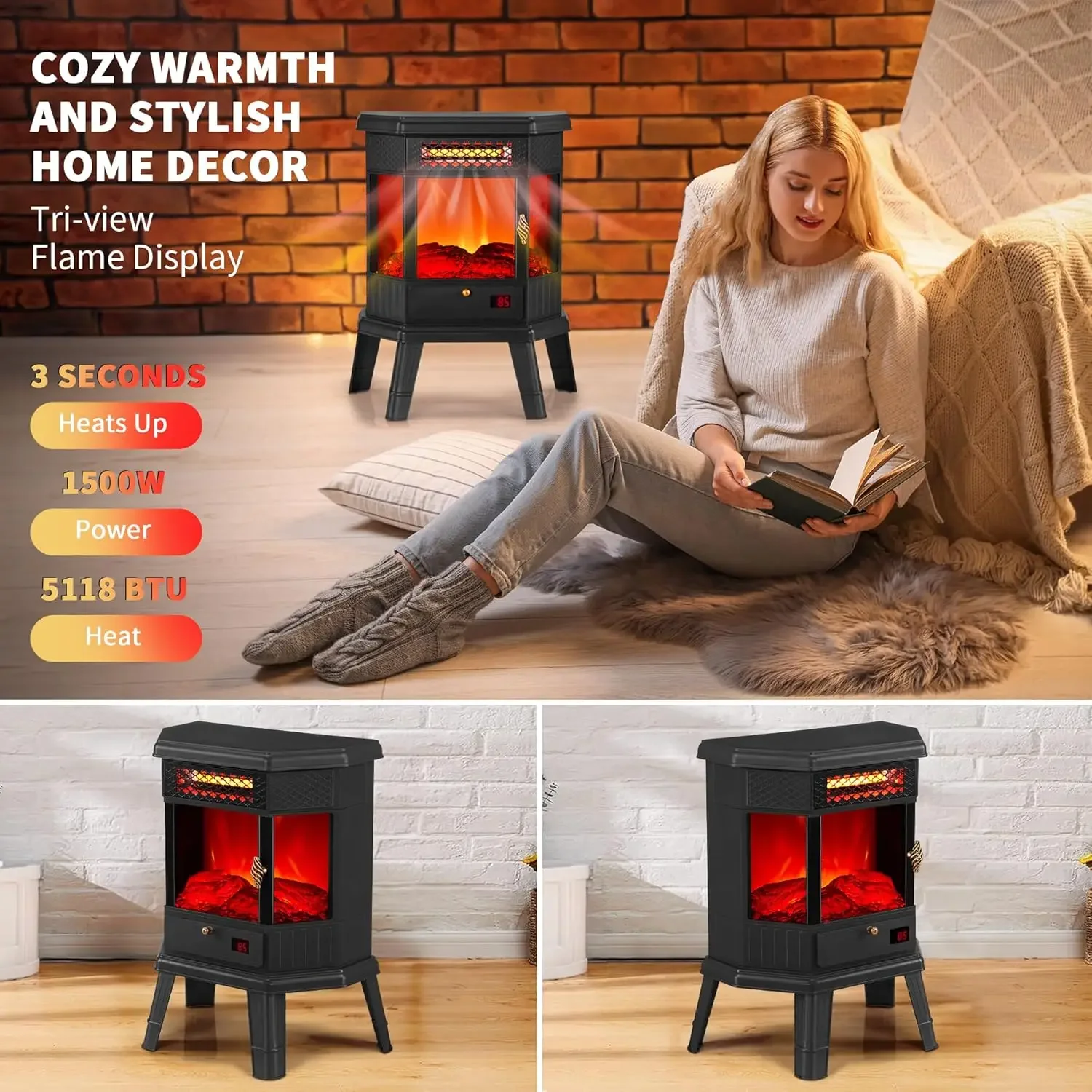 Electric Fireplace Heater 22 in Freestanding Fireplace Stove Infrared Fireplace RealSmart with 3D Flame Effect Remote Control