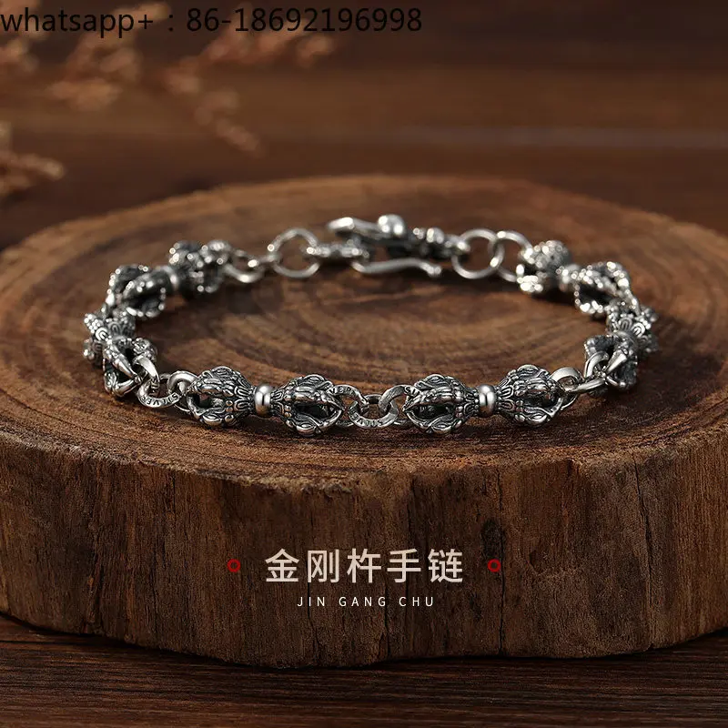 Vajra Pestle Bracelet Men's Sterling Silver Retro S925 Silver Jewelry Protect Peace Dharma Jewelry