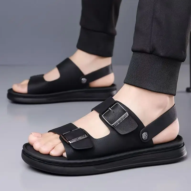 Men's Dual Purpose Beach Sandals Slippers Summer New Real Leather Open Toe Soft Sole Non Slip Flat Sole Casual Driving Sandals