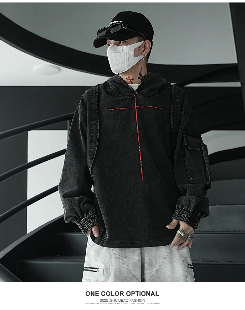 เสื้อฮู้ดแขนยาวทรงหลวมสไตล์อเมริกันย้อนยุคสุดเทรนดี้  ลำลองทันสมัย เหมาะสำหรับใส่ทำงานสำหรับผู้ชาย