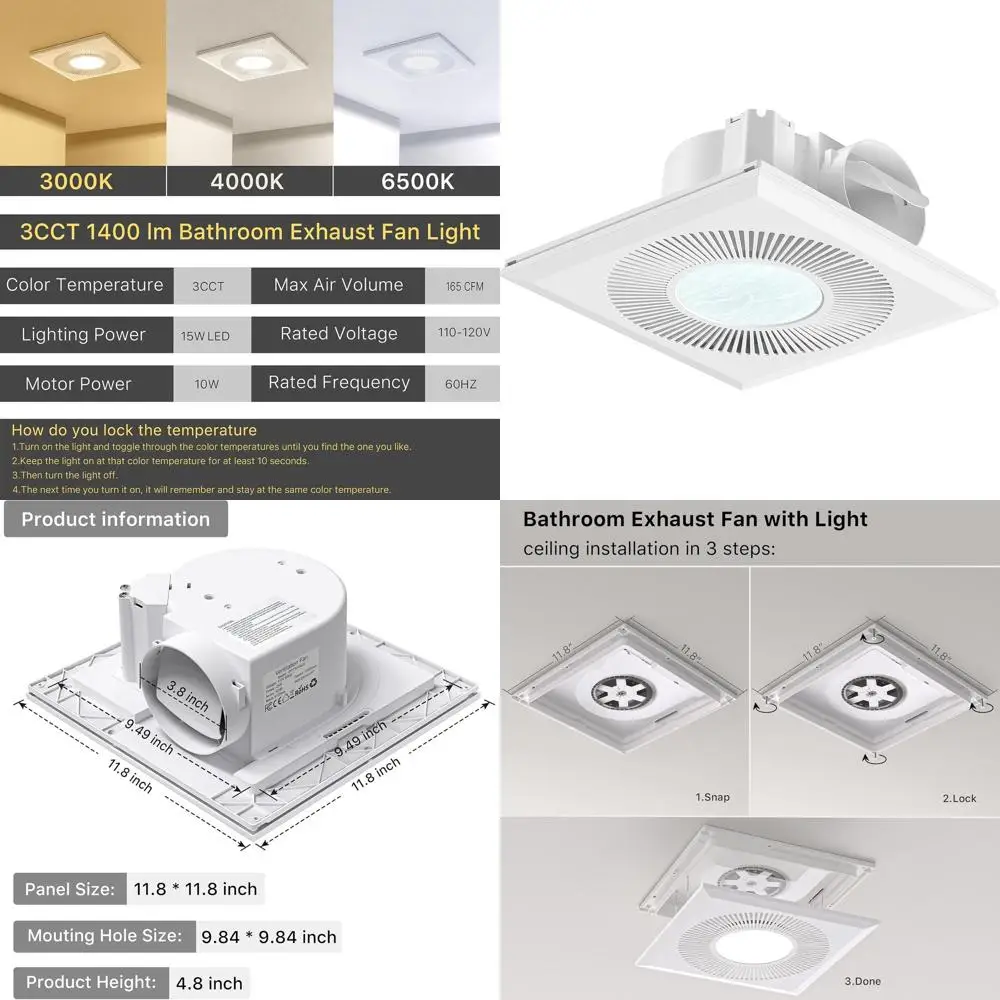

12 165CM 3CCT LED Light Bathroom Exhaust Fan with 1400 Lumens Shower Vent Combo, Quiet 1.2 Sones, Adjustable 4000K Pearl White C
