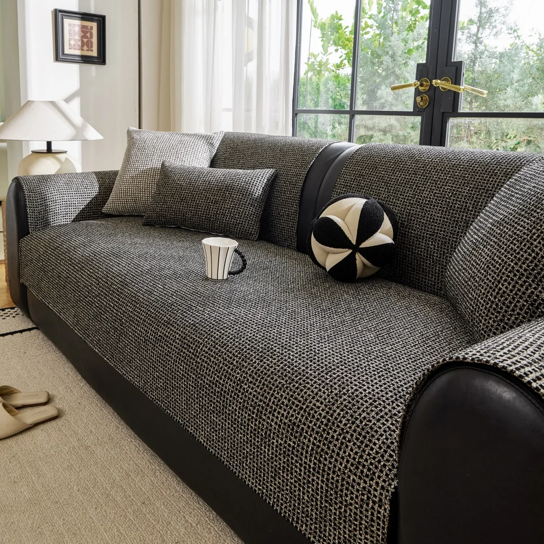 1pc Classic Yarn Dyed Waffle Non-Slip Sofa Cover, for Living Room All Seasons Couch Seat Cover, Pet Friendly Furniture Protector