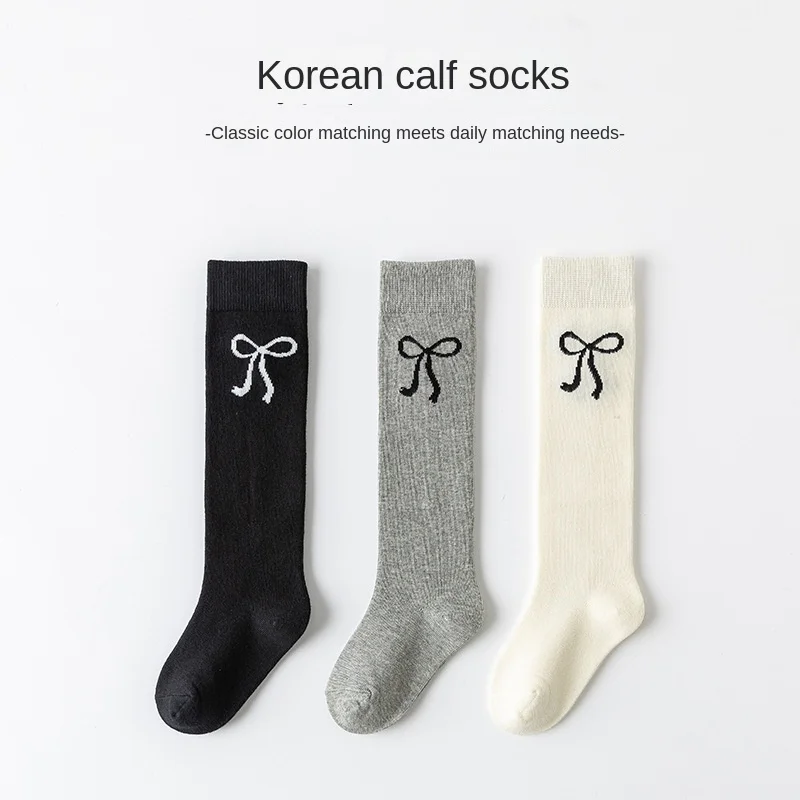 3 أزواج الفتيات الركبة عالية ترهل الجوارب أسود أبيض رمادي القوس الربيع تكويم الجوارب للأطفال 3-12Y الأطفال جورب المدرسة عادية #6