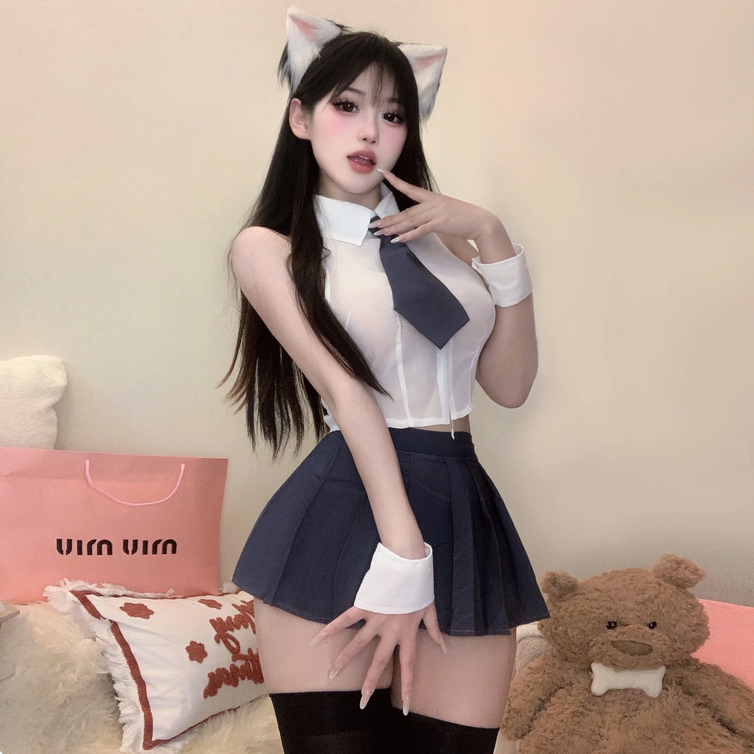 

New Women Sexy JK Cosplay Pure Desire Style Lapel Sleeveless Slim Mesh Short Top+high Waisted Pleated Short Skirt Two Piece Set