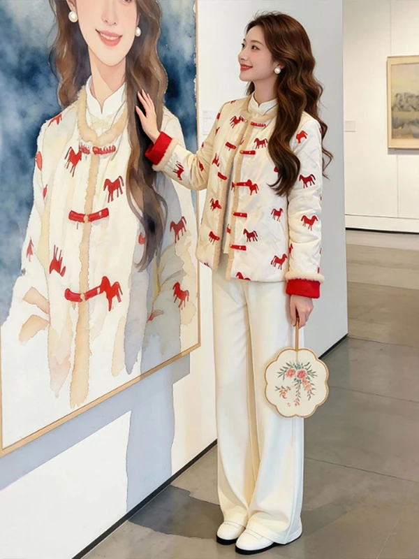 

New Chinese Sle Floral Print ort Cotton Jaet Small Size Beautiful Winter Faion Set for Women Thiened Long Sve