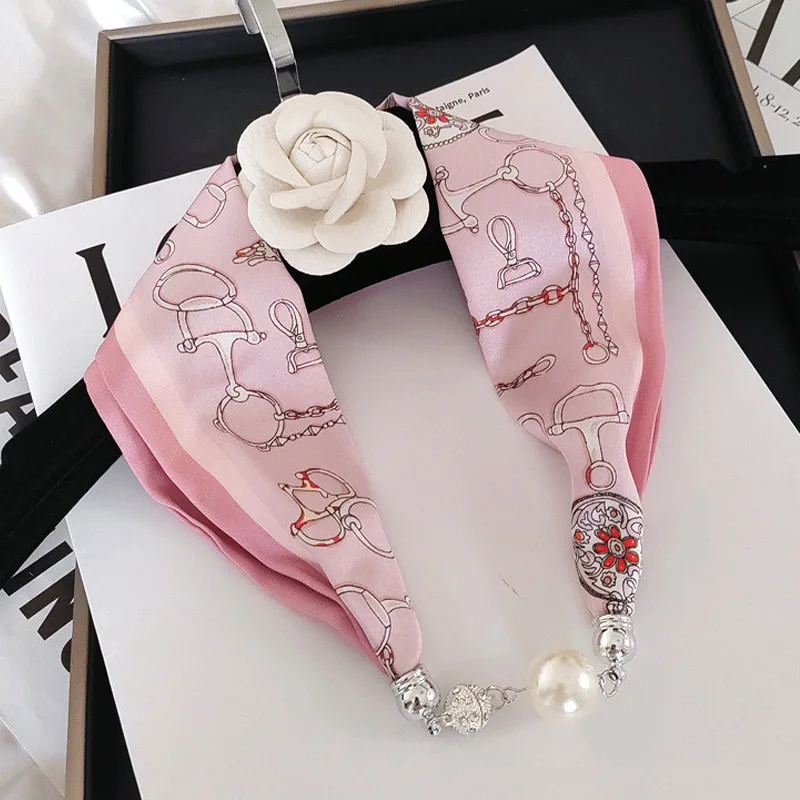 New Luxury Design Magnetic Pearls Button Silk Scarf Women Summer Neck Ornament silk Scarves Lady Shirt Sunscreen Decoration Gift
