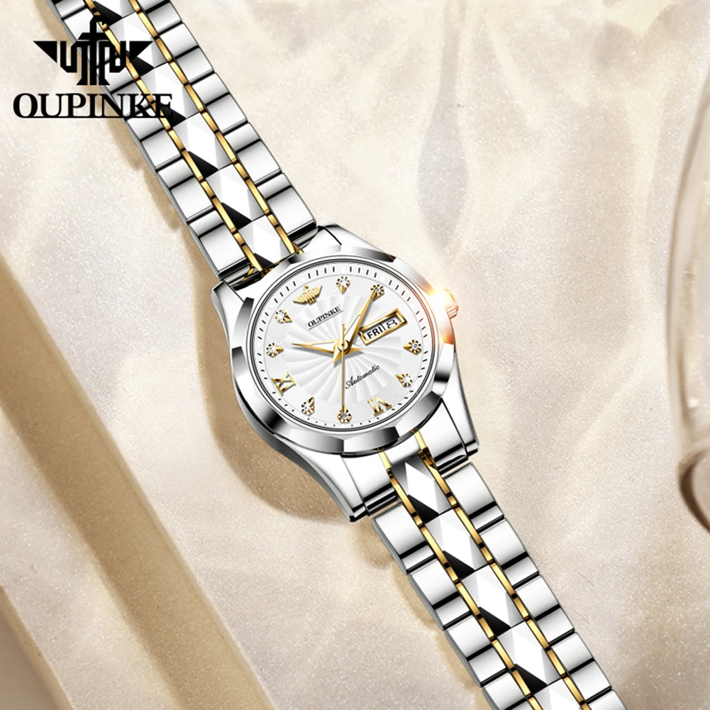OUPINKE 3169 Women's Watch Set Diamond Scale Whirlwind Dial Japan Movement Automatic Mechanical Wristwatch Elegant Ladies Watch