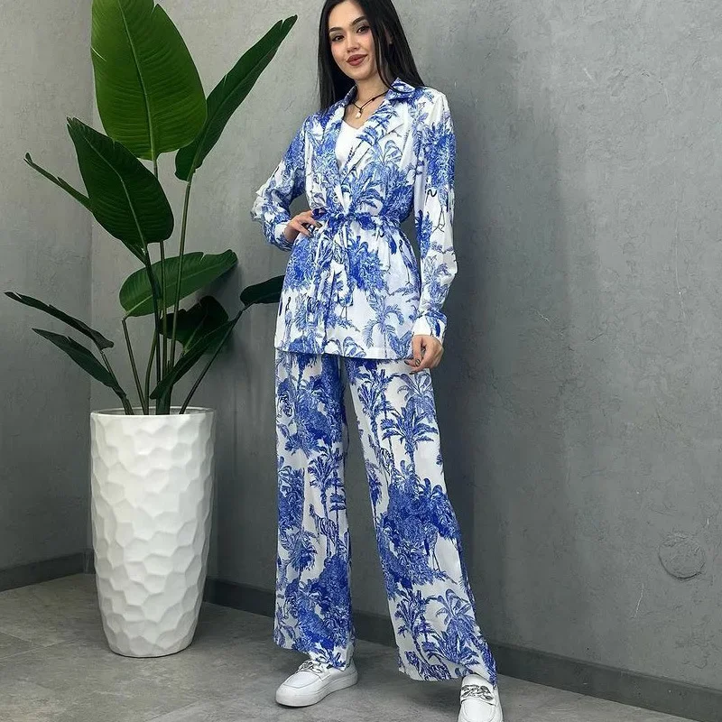 Elegant Women Two Piece Set Y2K New Fashion Print Long Sleeve Lapel Shirt Top Wide Leg Pants Suit Outfits Tracksuit Streetwear