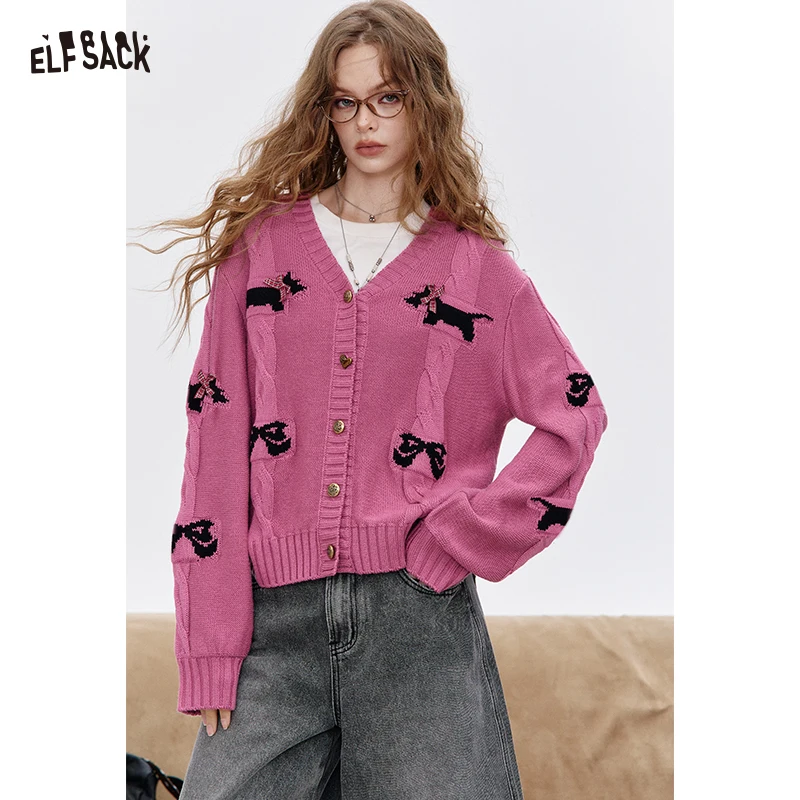 ELFSACK Women's V-Neck Cardigan with Puppy Bow Print, Long Sleeve Cute Knit Top, Casual Sweet Cropped Outerwear