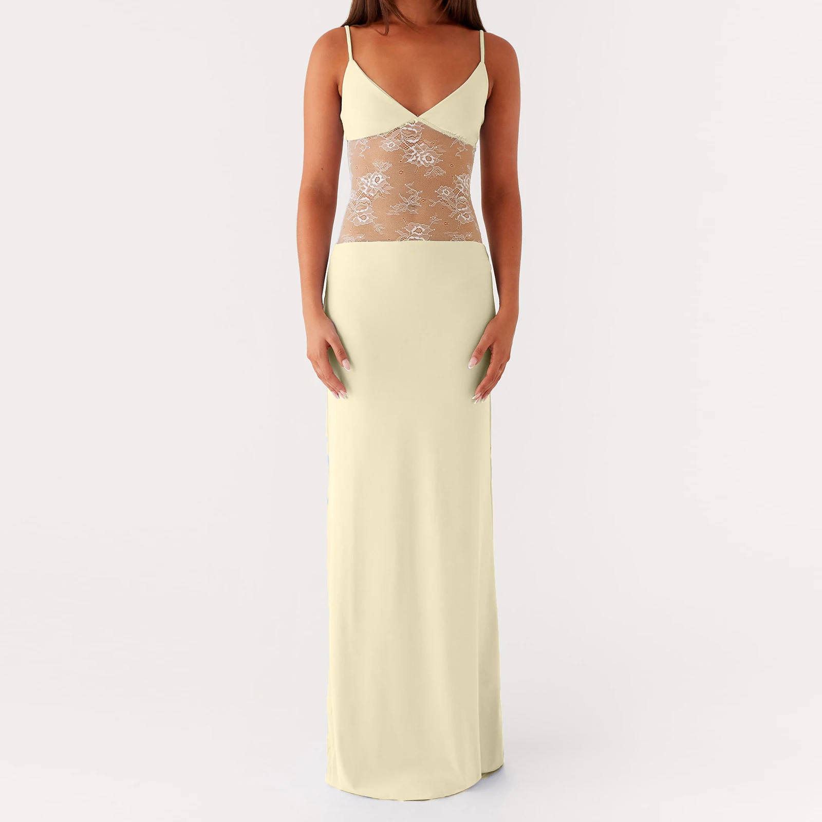 Elegant Women's Bodycon Cami Dress Sleeveless Spaghetti Strap Sheer Lace Patchwork Long Dress Summer Party Dress