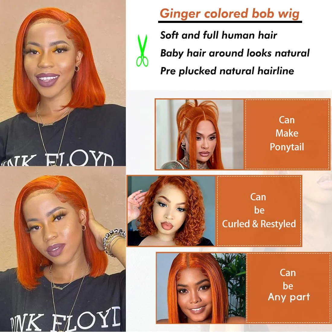 Peruca de Gengibre Curto Reto Bob, HD Lace Frontal, Perucas de Cabelo Humano, Gengibre Laranja, 350 Colorido, 5x5