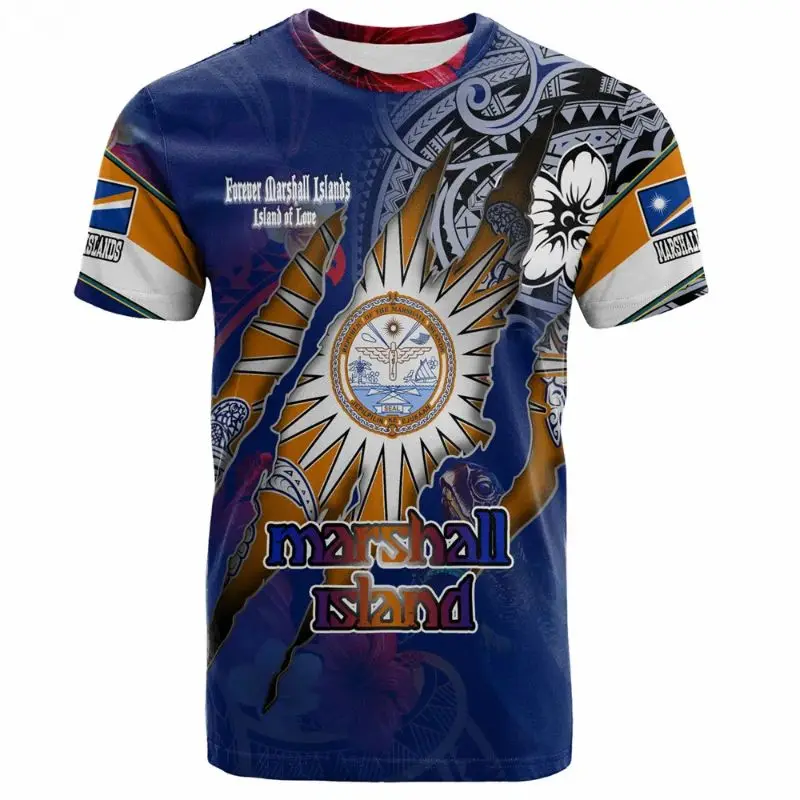 New Marshall Islands men's and women's T-shirts, Polynesian sleeve shirts with tropical tattoos, blue, customizable