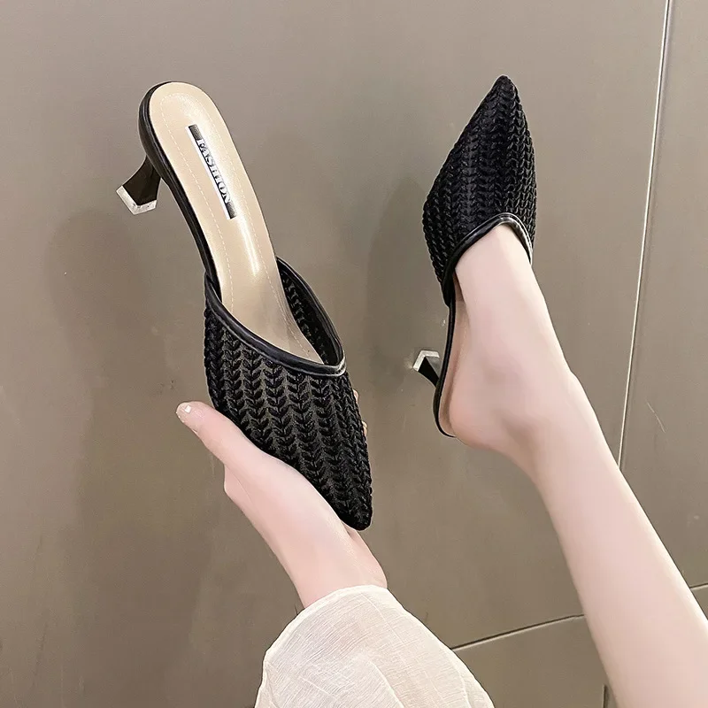 Minimalist Fashion Slippers 2024 Summer New Women's Slim Heel One Line Ladies Fashion High Heel Slippers Women Shoes