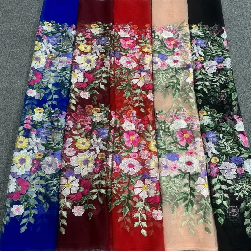 Tecidos de renda bordados para vestidos de noite, saia colorida largura 125cm, 5 jardas, 10 cores em estoque, atacado e varejo, novo