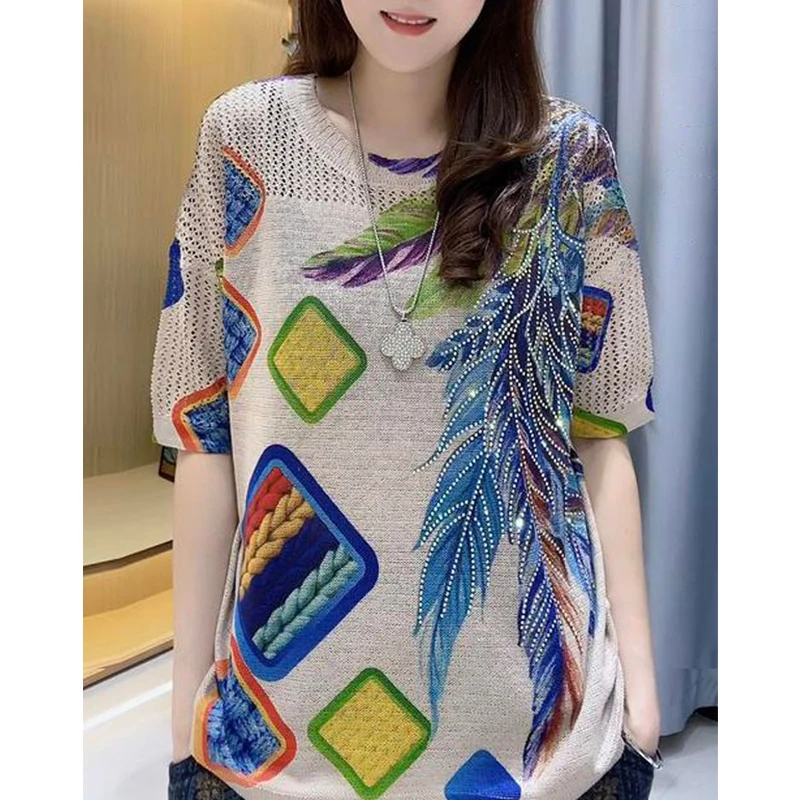 Rhinestone Vintage Print Hollow Out Round Neck Short Sleeve Loose Knitwears Women 2023 Summer Casual Pullover Knit Top Clothing