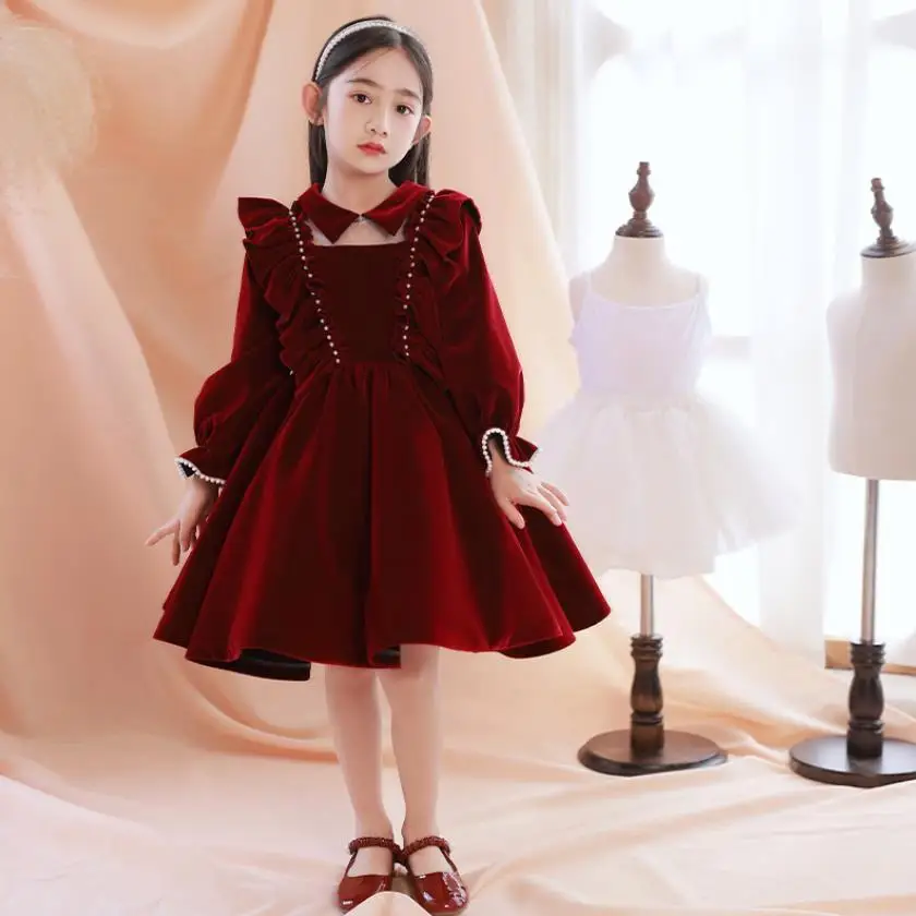 2024 New Baby Baptism Velvet Evening Gown Kids Host Wedding Birthday For Puff Sleeves Frocks Girls Formal Elegant Dresses A3395