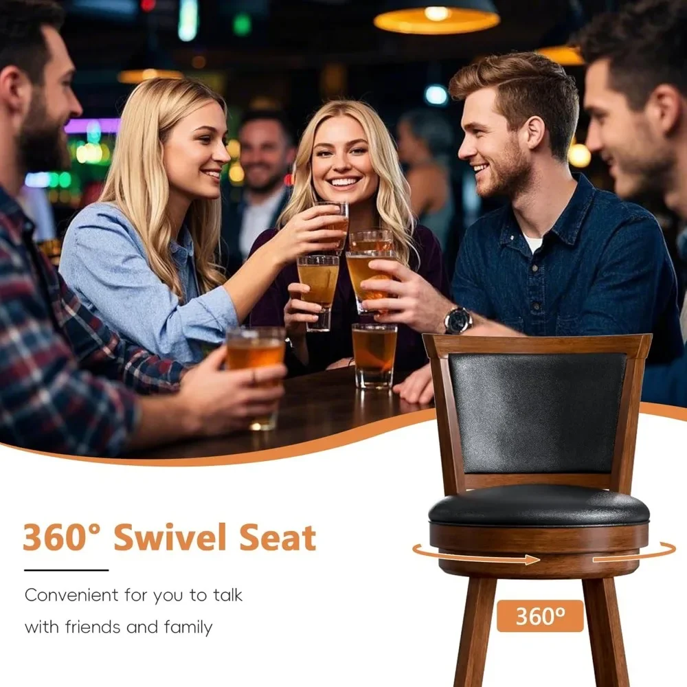 Set of 2 24 High Swivel Bar Stools with Backrest and Faux Leather Seat for Kitchen Island