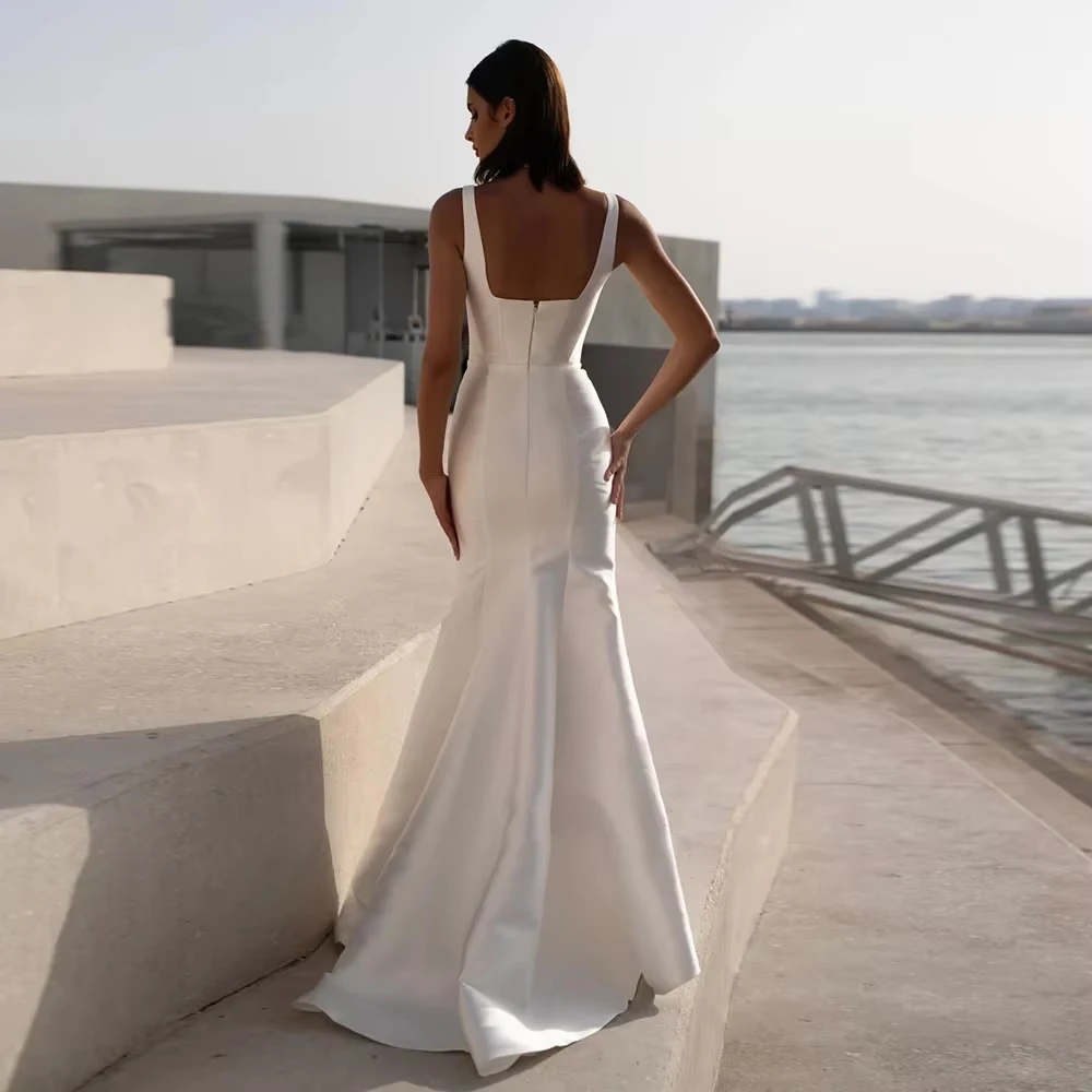 فستان زفاف من الساتان بأشرطة بسيطة مخصصة للمرأة العروس حورية البحر سويب تراين بدون أكمام فستان زفاف فيستدو جديد