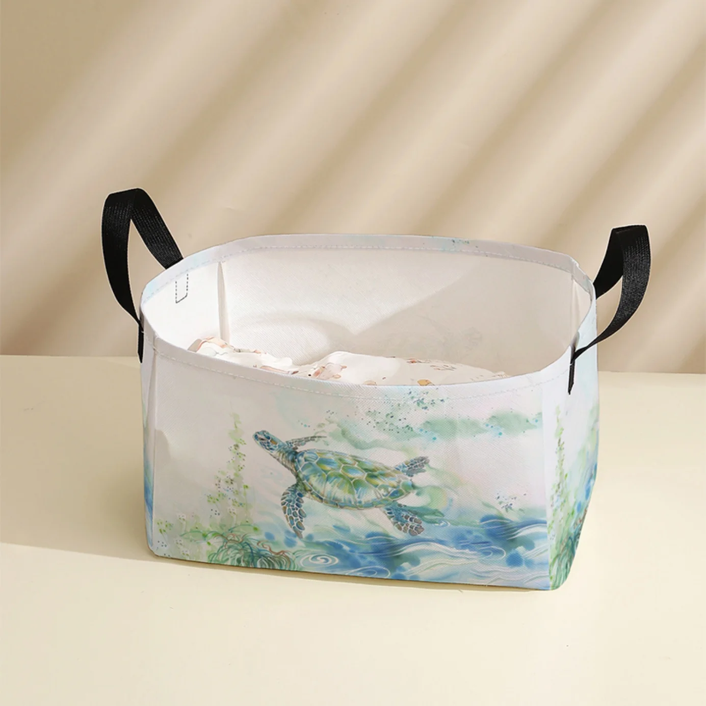 Watercolor Sea Turtle Print Fabric Storage Basket with Handles, Foldable Organizer Bin for Home Bedroom Nursery