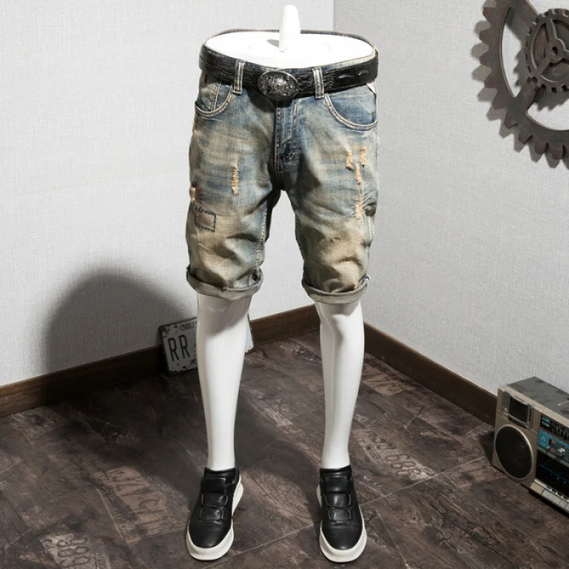 Summer Street Denim Shorts Men's Retro Distressed Heavy Washed High-End Slim Straight Scratch Design Shorts