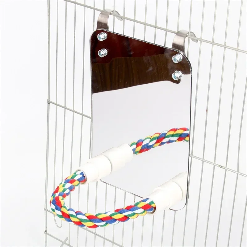 Funny Bird Mirror With Perch Cage Swing Chew Toy Macaws Finches Small Parakeet Cotton Rope Stand For Parrot Pet Supplies