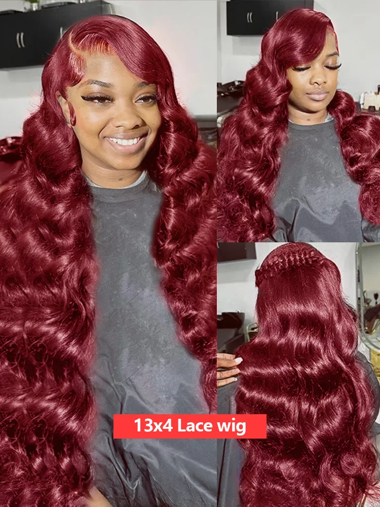 High Density 99J Burgundy 13x4 13X6 HD Body Wave Lace Front Human Hair Wig 30 40 Inch Red Colored Water Wave Lace Frontal Wigs