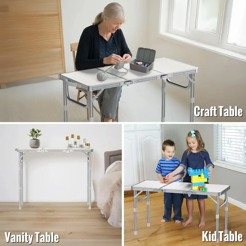 3-Height Adjustable Folding Camping Table with Storage Bag, Lightweight Aluminum for Outdoor Picnic BBQ, Silver