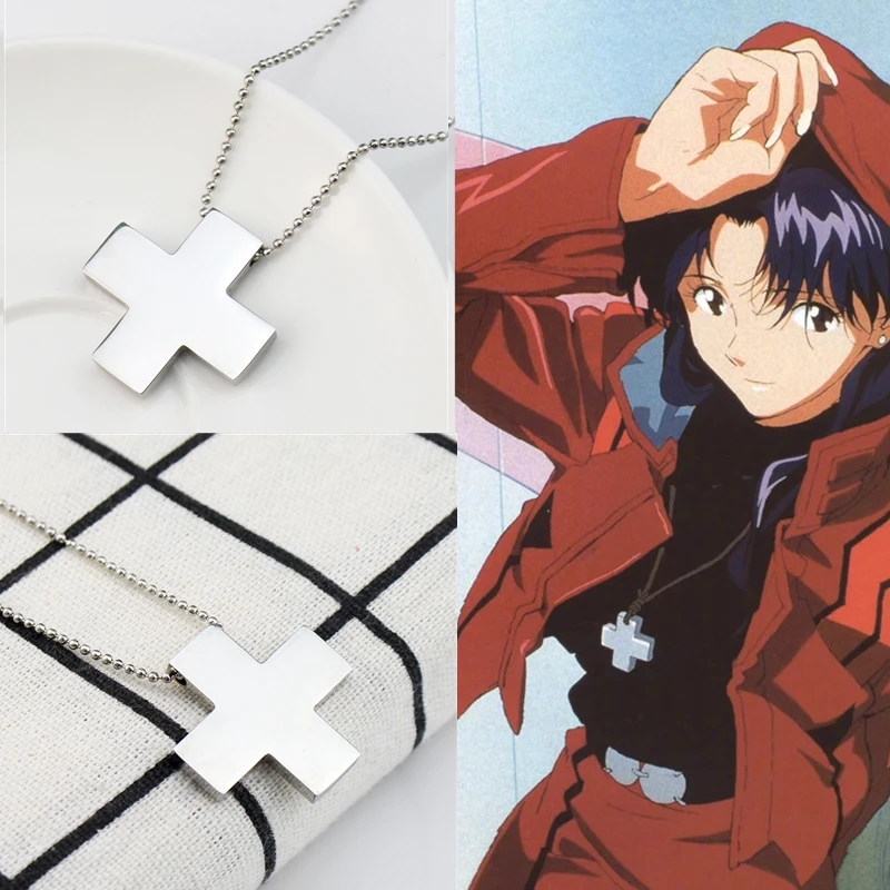 Collar con colgante de cadena cruzada de acero inoxidable para mujer, amuleto con dijes de joyería de Cosplay, Anime, EVA, Katsuragi, Misato