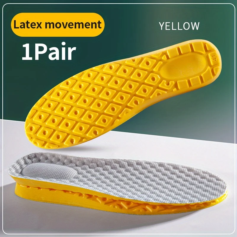 2 pair of yellow 4D soft latex memory foam insoles with sports support inserted into breathable insoles for men's and women's ru