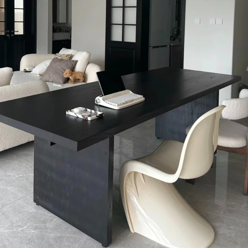 

Nordic solid wood dining table, ash wood living room, black long table, rectangular desk, wabi-sabi
