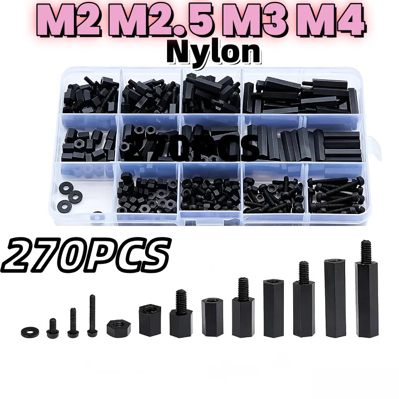M2 M2.5 M3 M4 Black Plastic Nylon Mixed Female-Male Female-Female PCB Motherboard Standoff Screw Nut Hex Spacing Screws Set