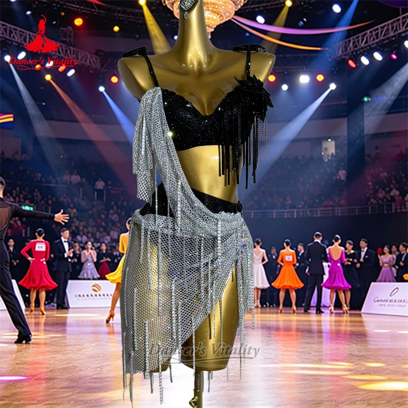 2-tones Matching Latin Dance Sling Dresses Customized Adult Women Chacha Samba Rumba Contest&Perform Clothing Dancer's Vitality