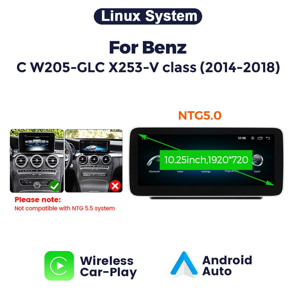 MEKEDE 10.25/12.3 inch draadloze Carplay Android Auto voor Benz C GLC V Klasse W205 S205 X253 W447 2014 - 2018 Multimedia Linux touchscreen
