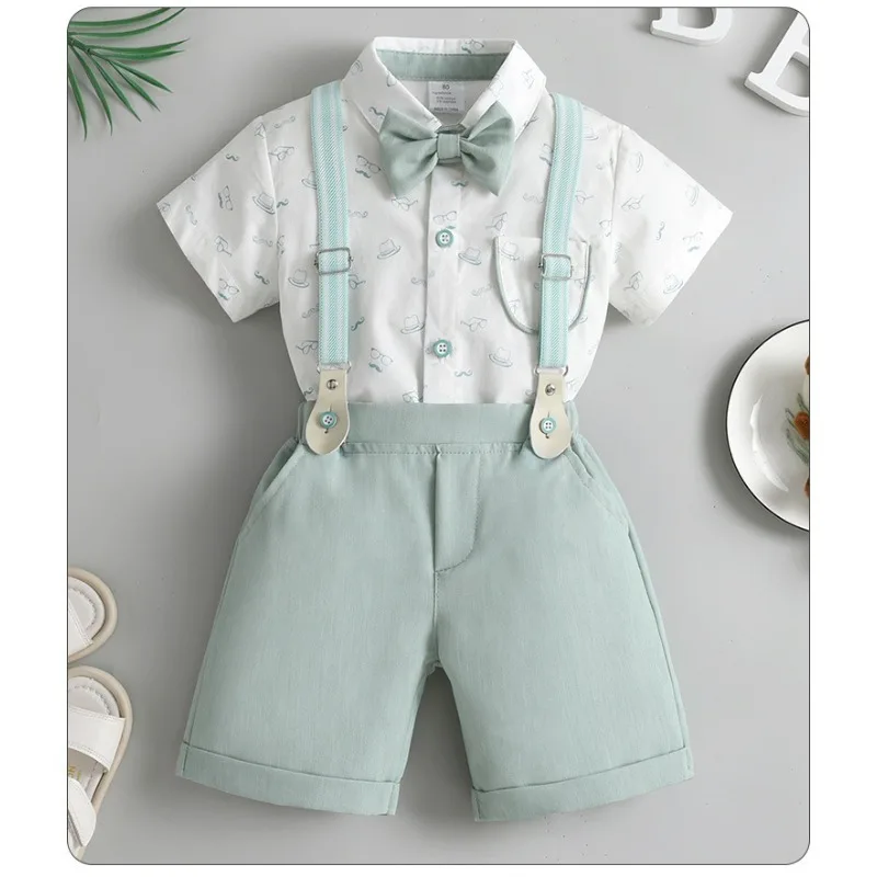 

Korean Children's Clothes 2025 Children's Top Qnd Bottom Clothes Set Casual Cute Cotton Short Sleeves Adjustable Shorts Summer