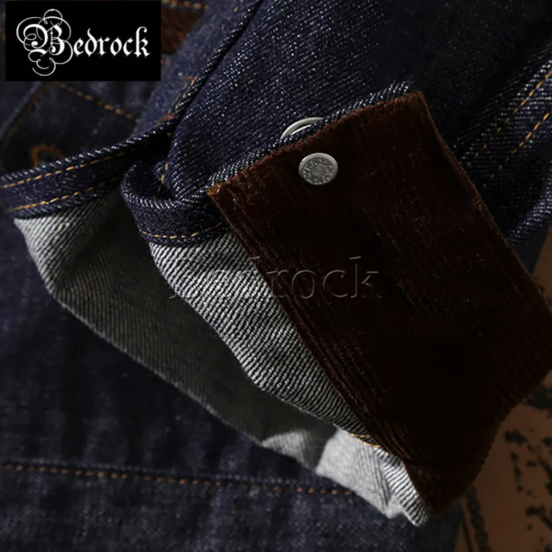 MBBCAR 14.9oz Heavy Vintage Raw Denim Jacket Men Deep Blue Selvedge Denim Splicing Corduroy Official Onewash Jean Jacket 3145