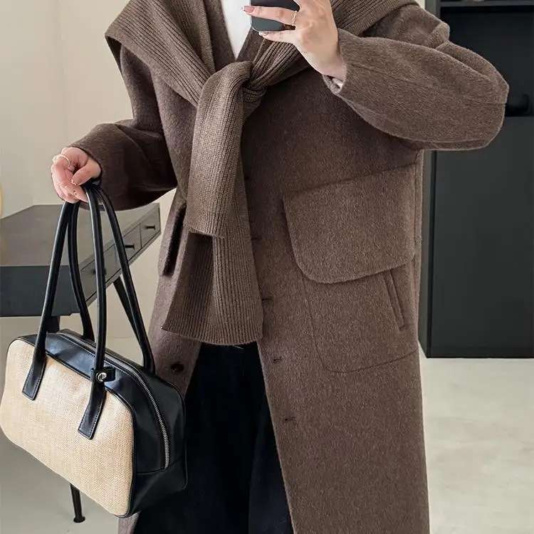 2024 Autumn/Winter Korean V-neck Double sided Cashmere Coat for Women, Middle and Long Sized with Knitted Scarf, Shawl, Woolen