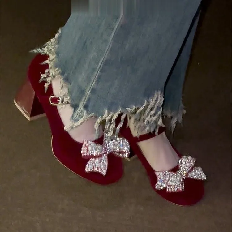 أحذية الزفاف الحمراء كعب مكتنز مزاجه الراقية غير متعب أقدام القوس ماري جين العروس عالية الكعب النساء #1