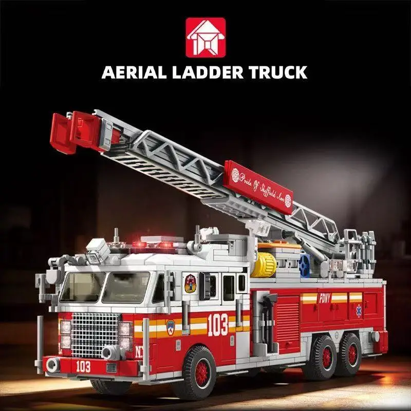 LeYi 31076 Retro American Fire Ladder Car Building Blocks Assembling Fire Truck Bricks Model Adult Toy Christmas Gift Set
